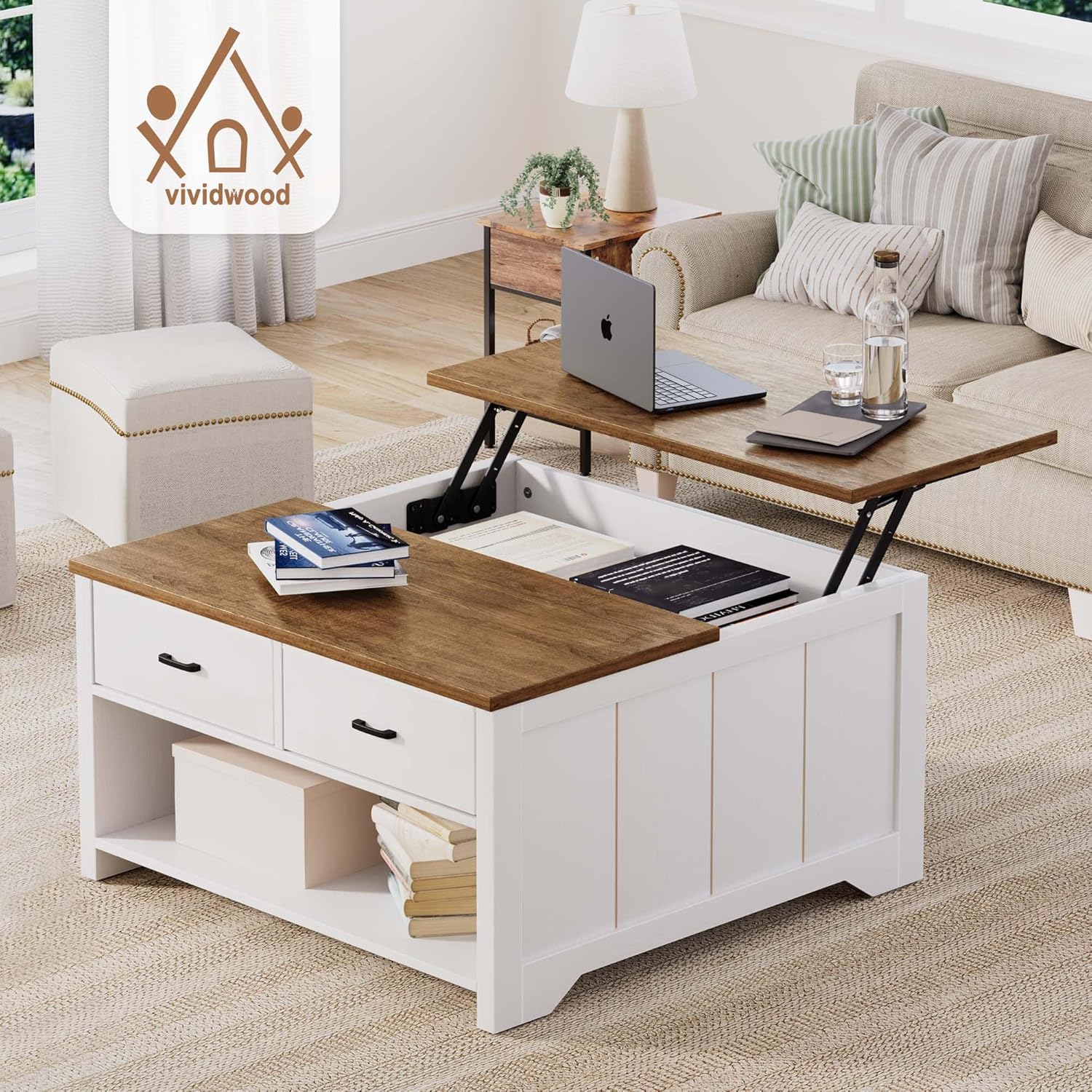 Vividwood Farmhouse Lift Top Coffee Table - Rustic Center Table with 2 Drawers & Large Storage (Brown)