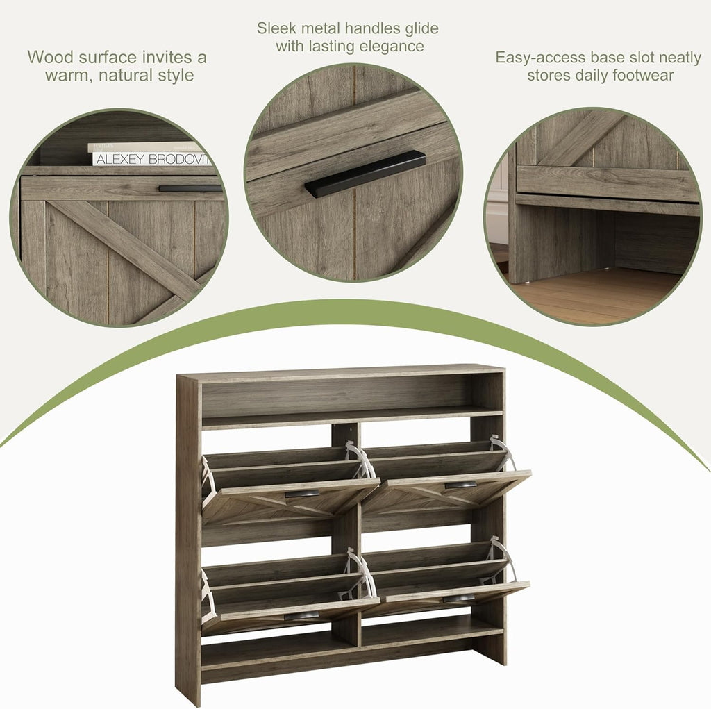 AesthLife Shoe Cabinet with 4 Flip Drawers - Rustic Grey Anti-Tip Design for Entryway & Hallway Storage