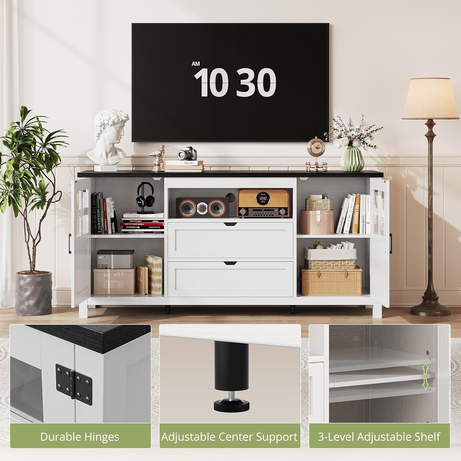 Vividwood Farmhouse TV Stand with Storage - Entertainment Center (Rustic White)