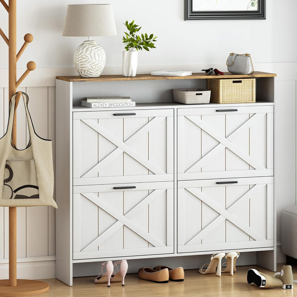 AesthLife Shoe Storage Cabinet - Rustic White 4-Drawer Organizer with Anti-Tip Base for Apartments