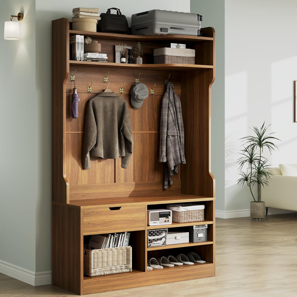 AesthLife Modern Hall Tree - Bench & Shoe Storage Organizer (Classical Brown)