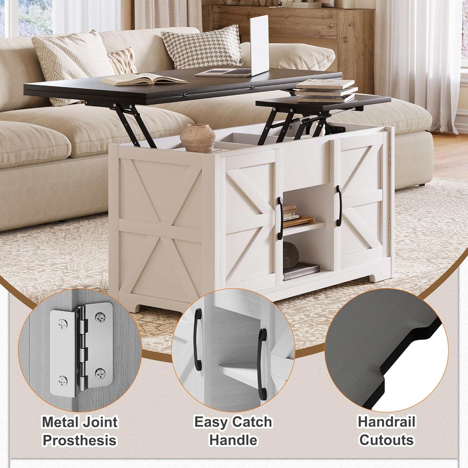 Vividwood Convertible Lift Top Coffee Table - Multi-Function Storage C