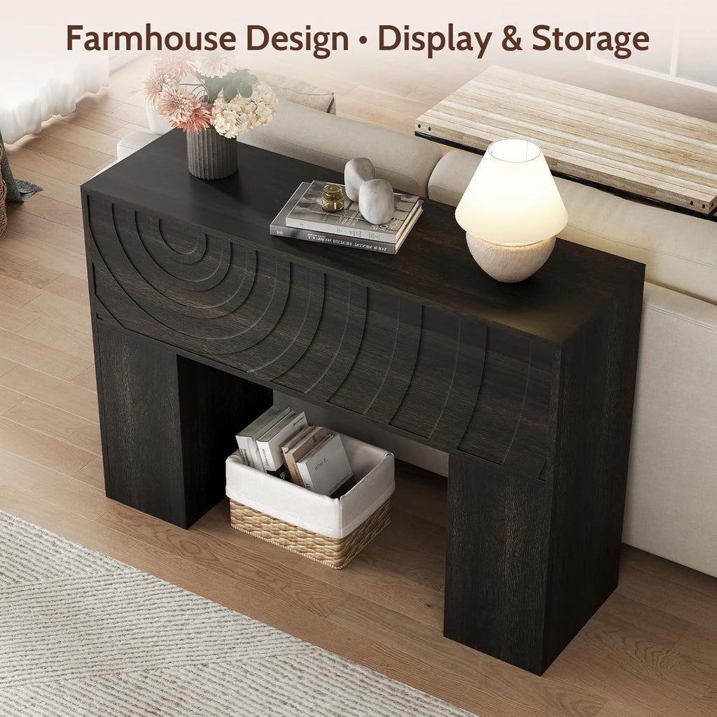 Vividwood 13.4" Farmhouse Console Table - Carved Water Ripple Design (Black)