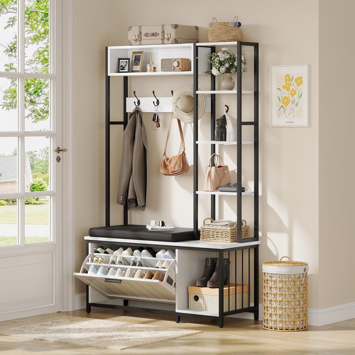 Vividwood Rustic Hall Tree‌ - Bench & Shoe Storage Organizer (39.37" White)