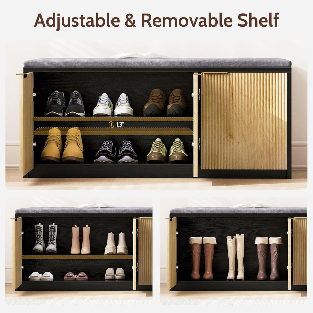 Vividwood 41.3" Entryway Storage Bench - 3-Door Shoe Organizer with Padded Seat (Wood Grain & Black)