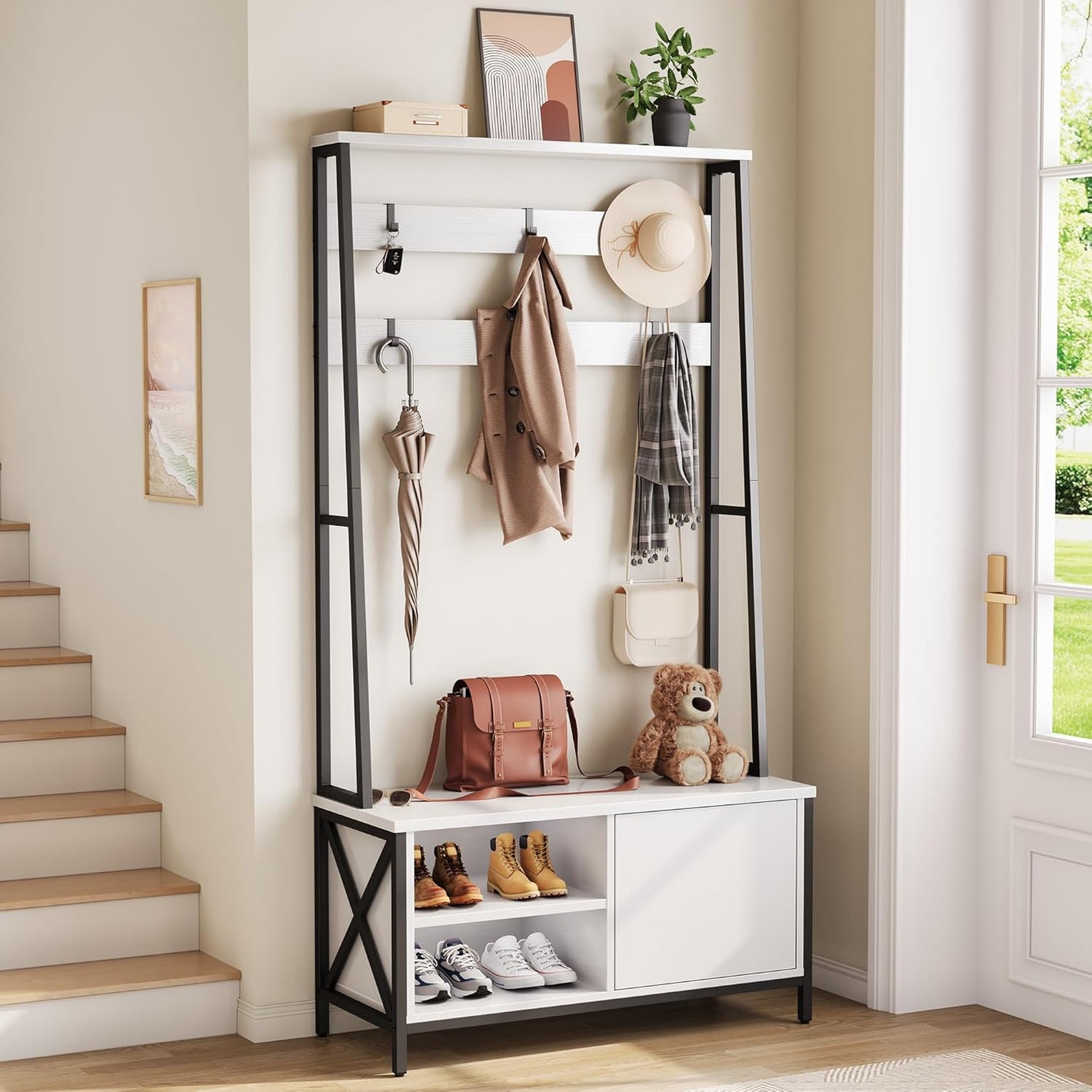 Vividwood Industrial Hall Tree with Bench & Shoe Storage - 6-Hook Coat Rack (31.5" White)