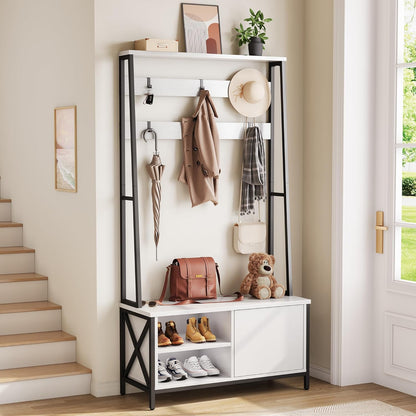 Vividwood Industrial Hall Tree with Bench & Shoe Storage - 6-Hook Coat Rack (31.5" White)