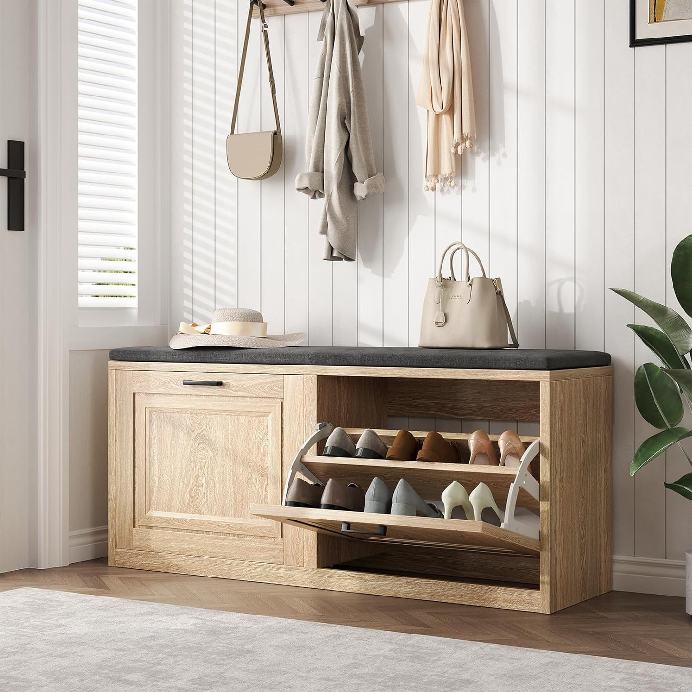 Vividwood 2-Tier Storage Bench - Padded Seat & Barn Doors (Wood)