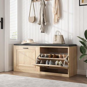 Vividwood 2-Tier Storage Bench - Padded Seat & Barn Doors (Wood)