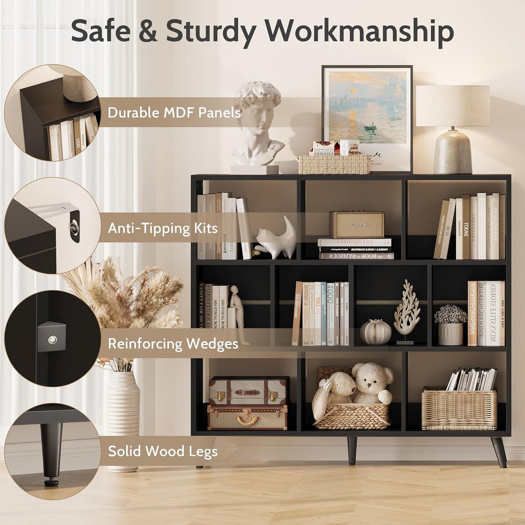 Vividwood 10-Cube Bookcase - 3-Tier Wooden Storage Organizer for Small Spaces (Black)