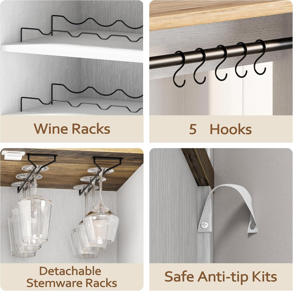 Vividwood Farmhouse White Bar Cabinet - Acrylic Door Wine Storage with Open Shelves