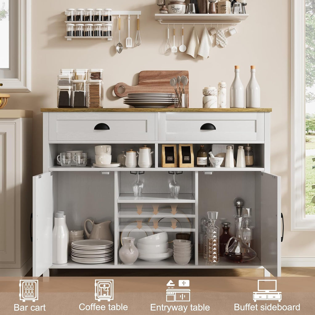 Vividwood Modern Farmhouse Wine Cabinet‌ - 47.2" with Glass Rack & Drawers (White)