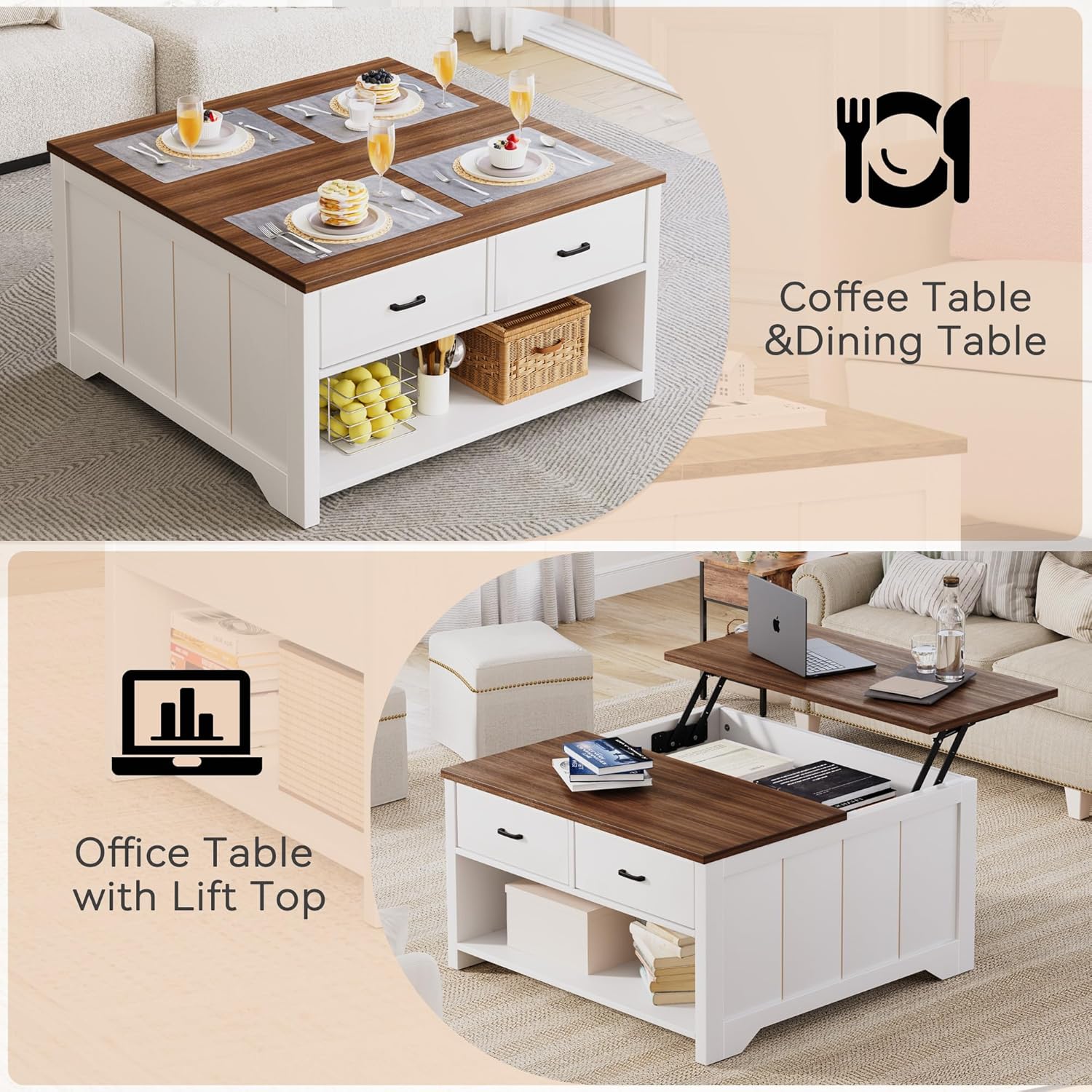 Vividwood Lift Top Coffee Table - Farmhouse Design with Open Storage & 2 Drawers (White)