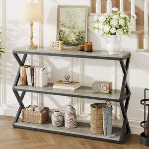 Vividwood Industrial Console Table - 3-Tier Rustic Design with Storage Shelves (Light Gray)