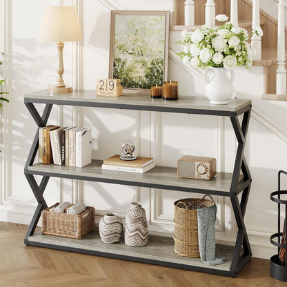 Vividwood Industrial Console Table - 3-Tier Rustic Design with Storage Shelves (Light Gray)