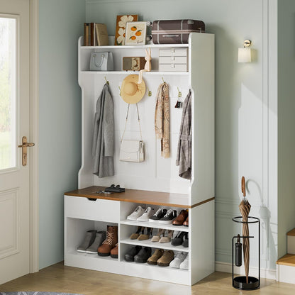 AesthLife Modern Hall Tree - Bench & Shoe Storage Organizer (Classical White)