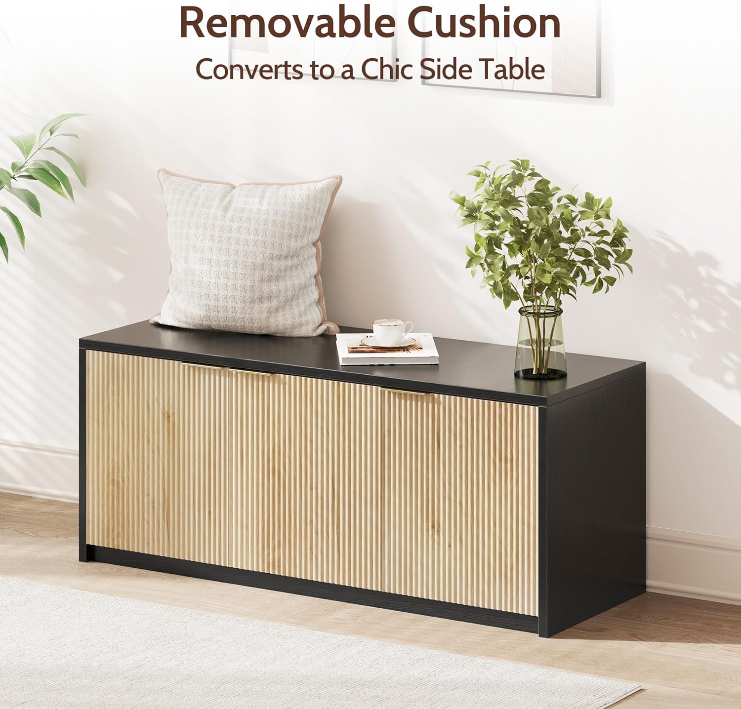 Vividwood 41.3" Entryway Storage Bench - 3-Door Shoe Organizer with Padded Seat (Wood Grain & Black)