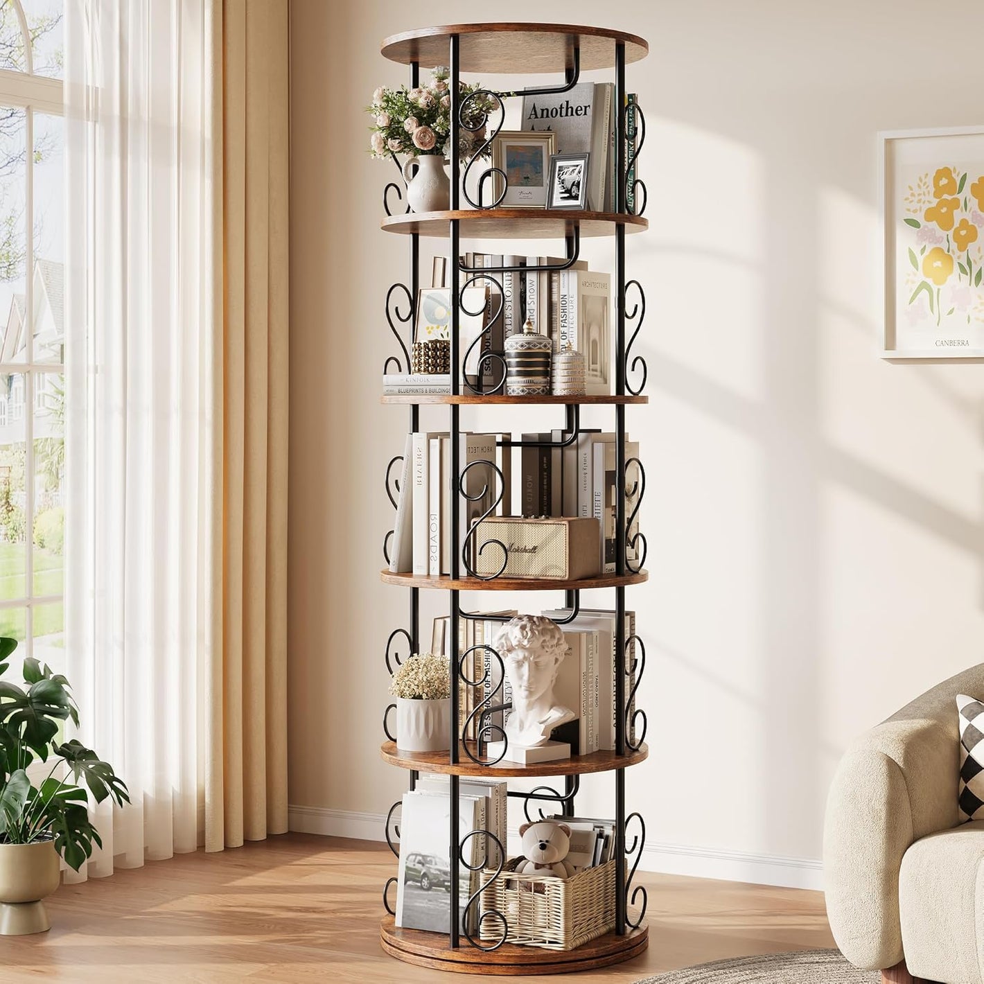 Vividwood 5-Tier Rotating Bookshelf - 360° Spinning Display Corner Bookcase with Stackable Design