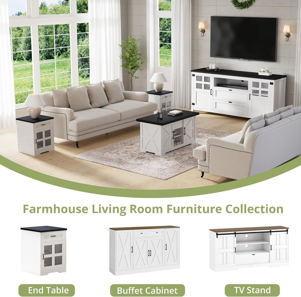 Vividwood 70" Farmhouse Entertainment Center‌ - TV Console with Barn Doors (Rustic White)