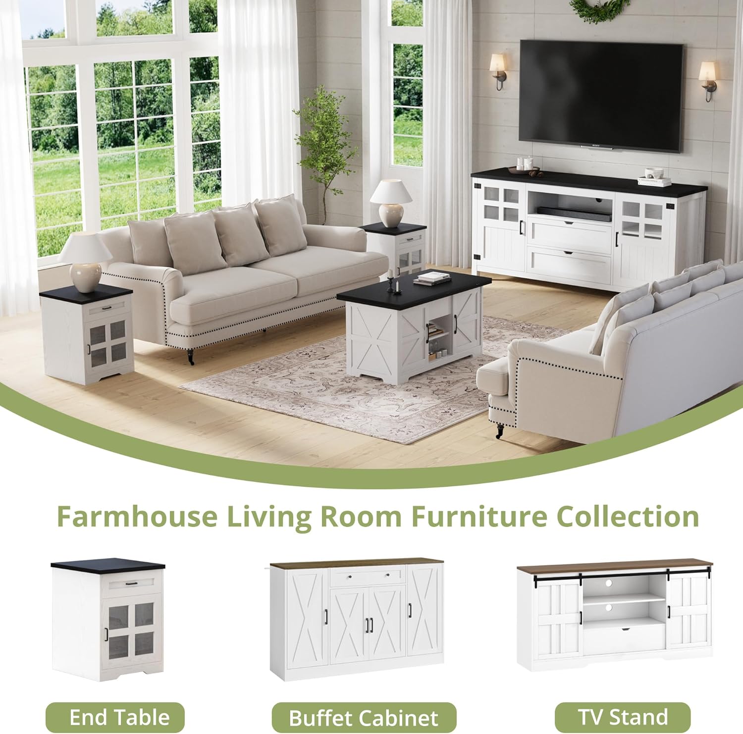 Vividwood 70" Farmhouse Entertainment Center‌ - TV Console with Barn Doors (Rustic White)