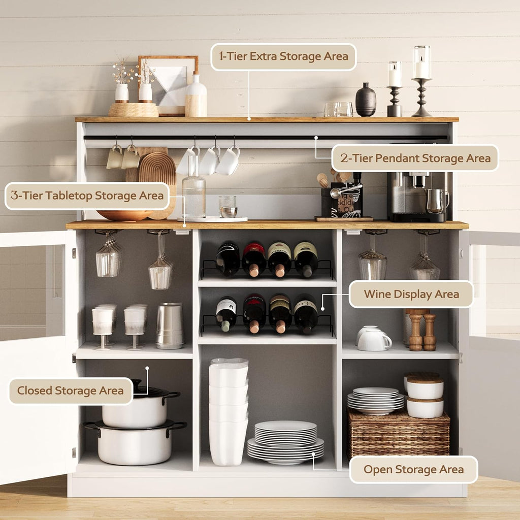 Vividwood Farmhouse White Bar Cabinet - Acrylic Door Wine Storage with Open Shelves