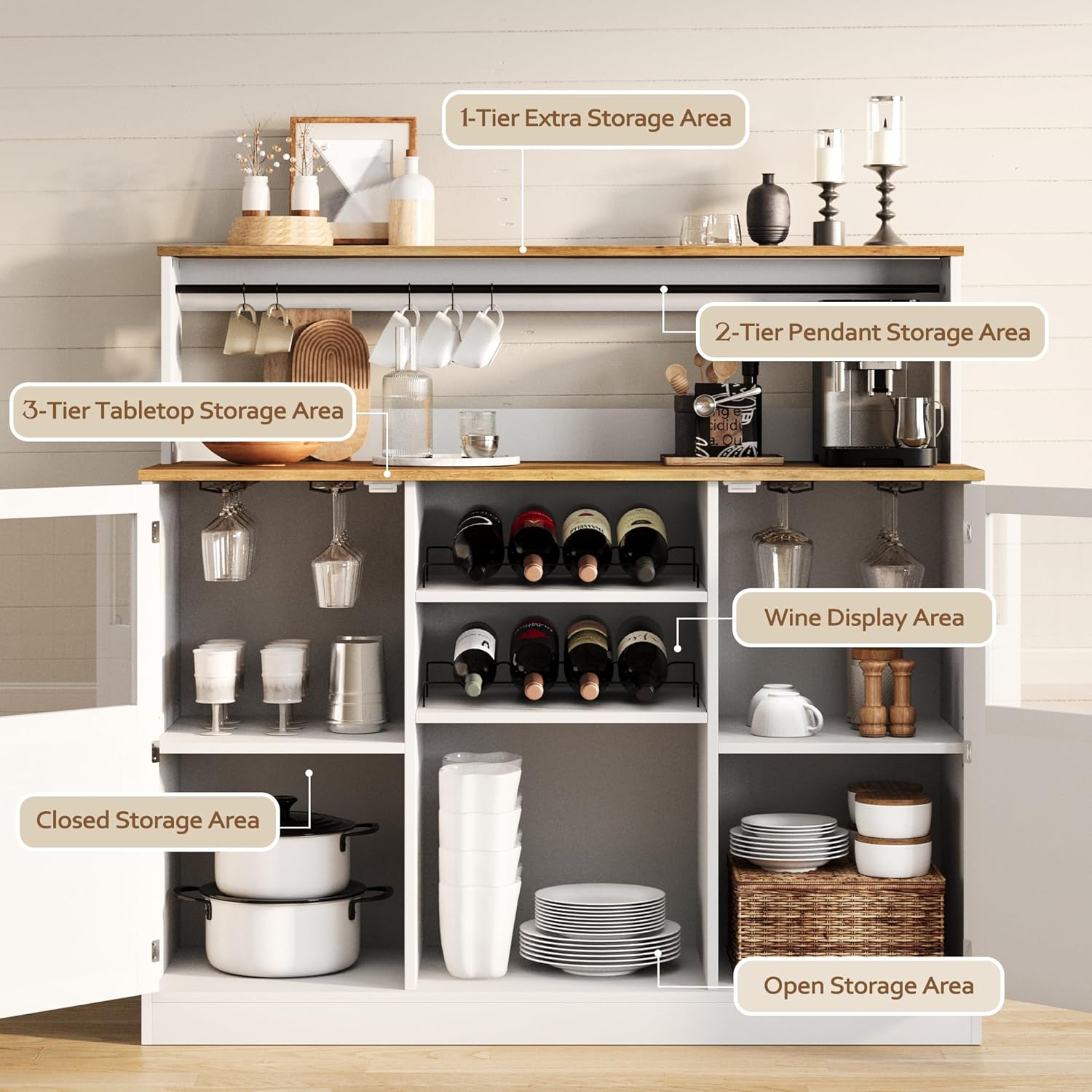 Vividwood Farmhouse White Bar Cabinet - Acrylic Door Wine Storage with Open Shelves