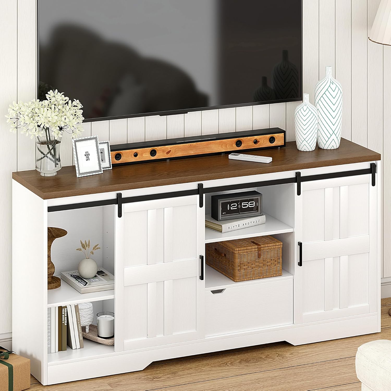 Vividwood Farmhouse TV Stand for 70" TVs - Entertainment Center with Barn Doors & Storage