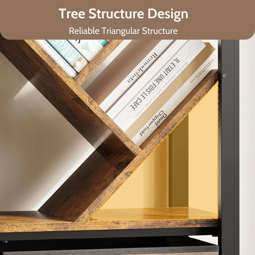 Vividwood 5-Tier Industrial Bookshelf - Tree Display with Fabric Drawers (Rustic Brown)