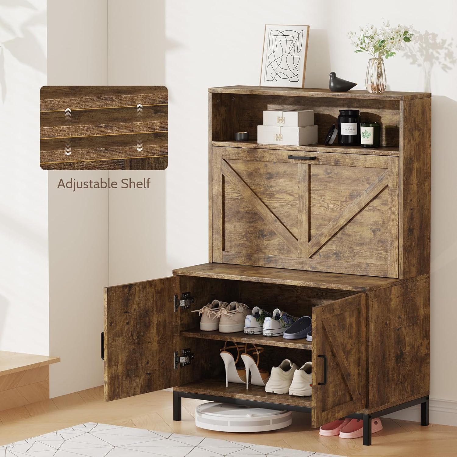 Vividwood Farmhouse Shoe Cabinet‌ - Flip Drawer & Doors Organizer (Brown)