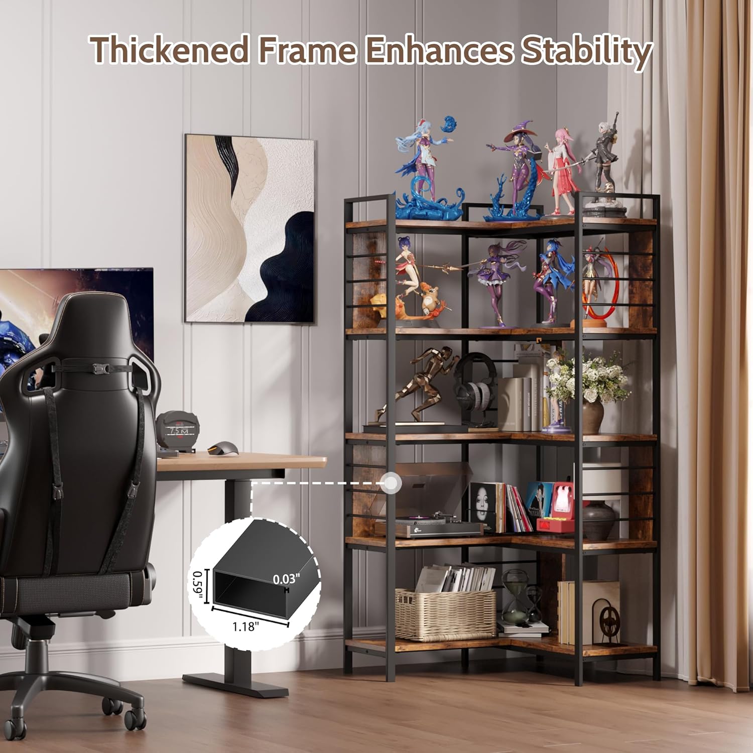 Vividwood 5-Tier Corner Bookshelf‌ - Industrial Wooden Display with Metal Frame