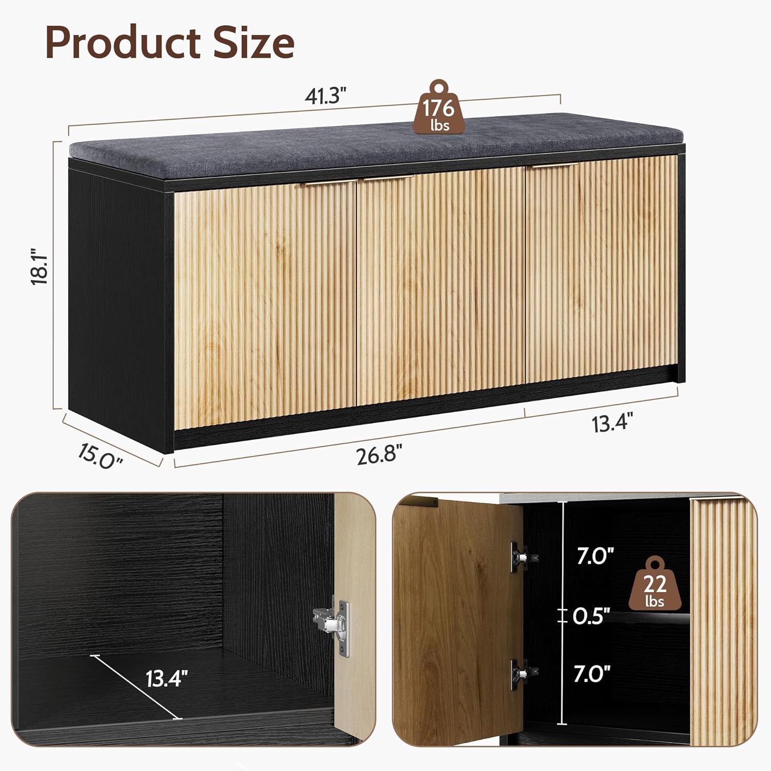 Vividwood 41.3" Entryway Storage Bench - 3-Door Shoe Organizer with Padded Seat (Wood Grain & Black)