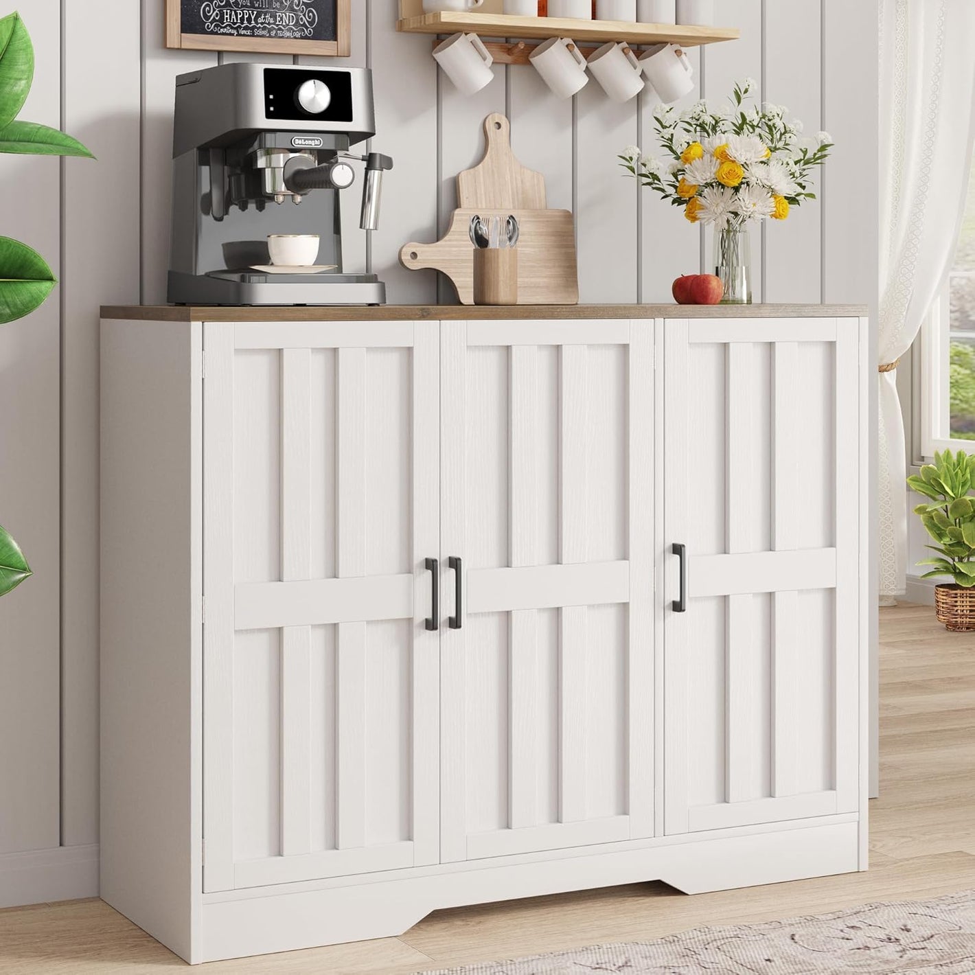 Vividwood 42" Farmhouse Buffet Cabinet - Large Sideboard with 3 Barn Doors Living Room