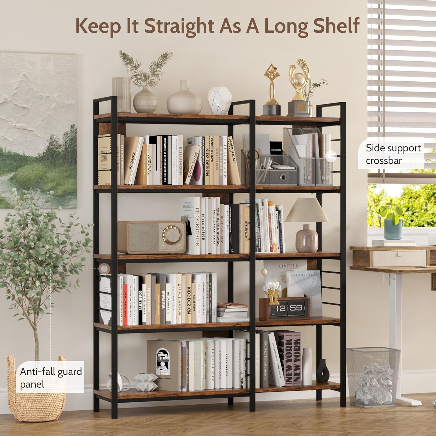 Vividwood 5-Tier Corner Bookshelf‌ - Industrial Wooden Display with Metal Frame