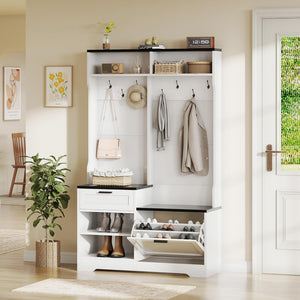 AesthLife Modern Hall Tree‌ - Bench & Shoe Storage Organizer (Black Wood Grain)