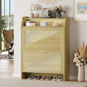 Vividwood Rattan Shoe Storage Cabinet - 2-Flip Drawer Design (Wood)