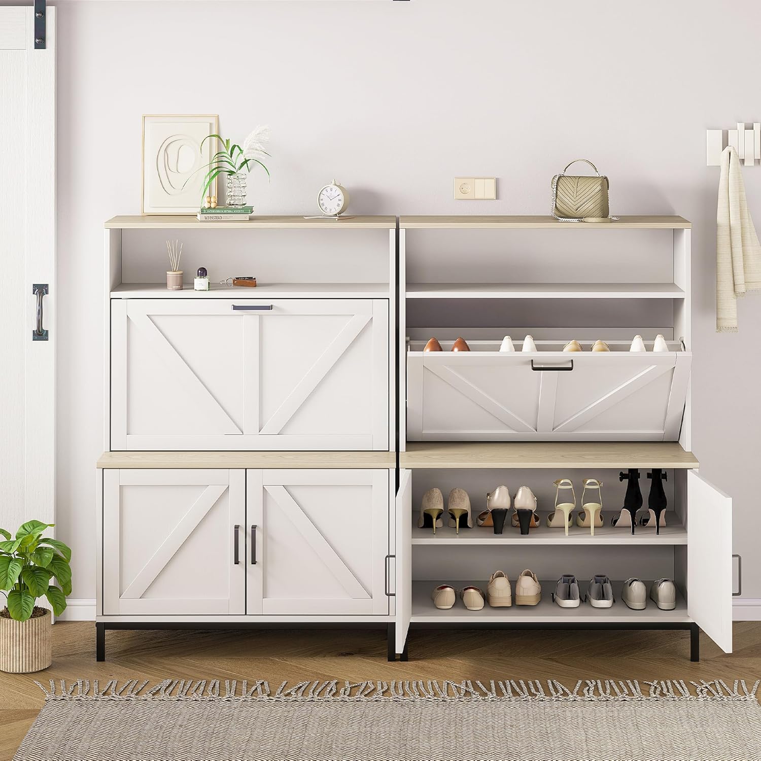 Vividwood Shoe Storage Cabinet - Anti-Tip Design with Metal Legs (Classical White)