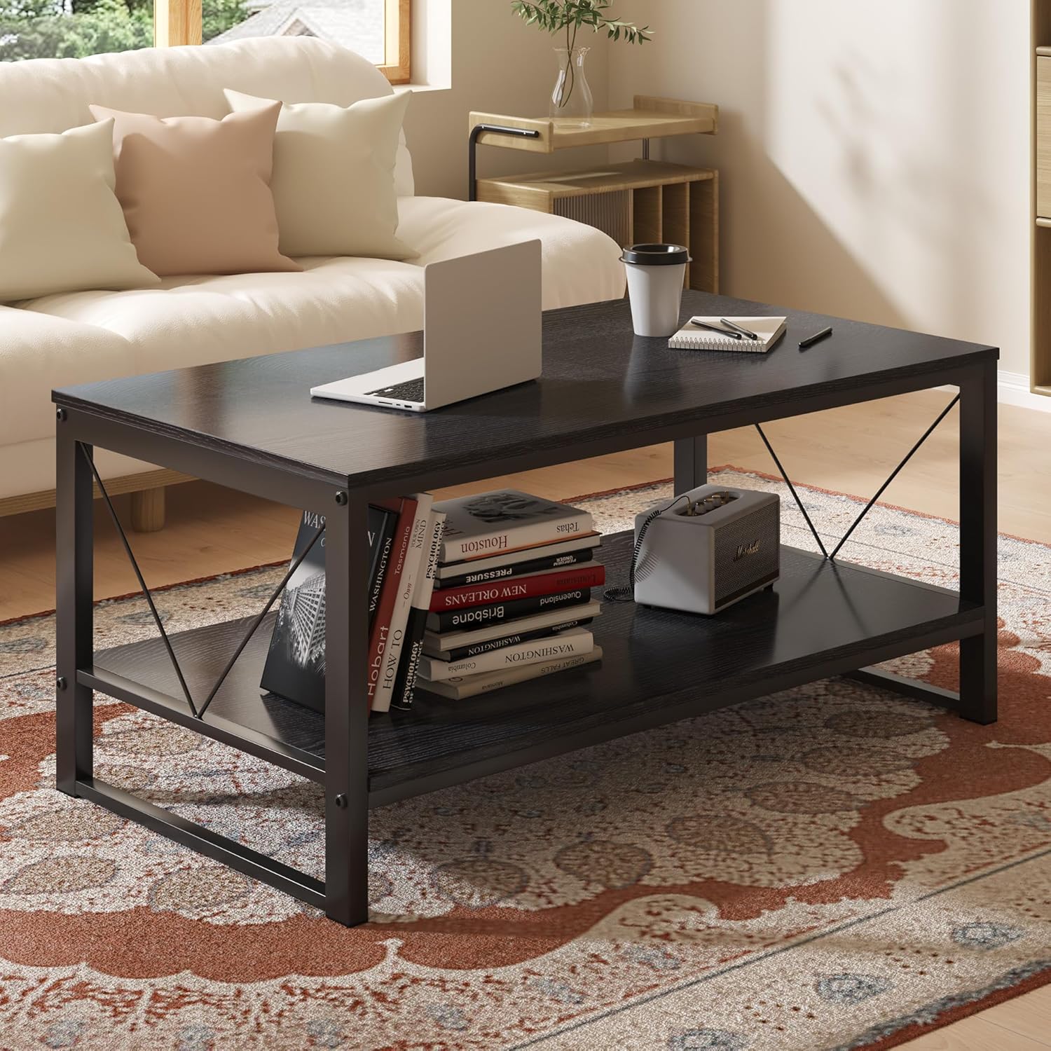 Vividwood Farmhouse Coffee Table with Storage - 39.3" Wooden Rectangle Center Table & V-Shape Legs Black (220lbs Capacity)