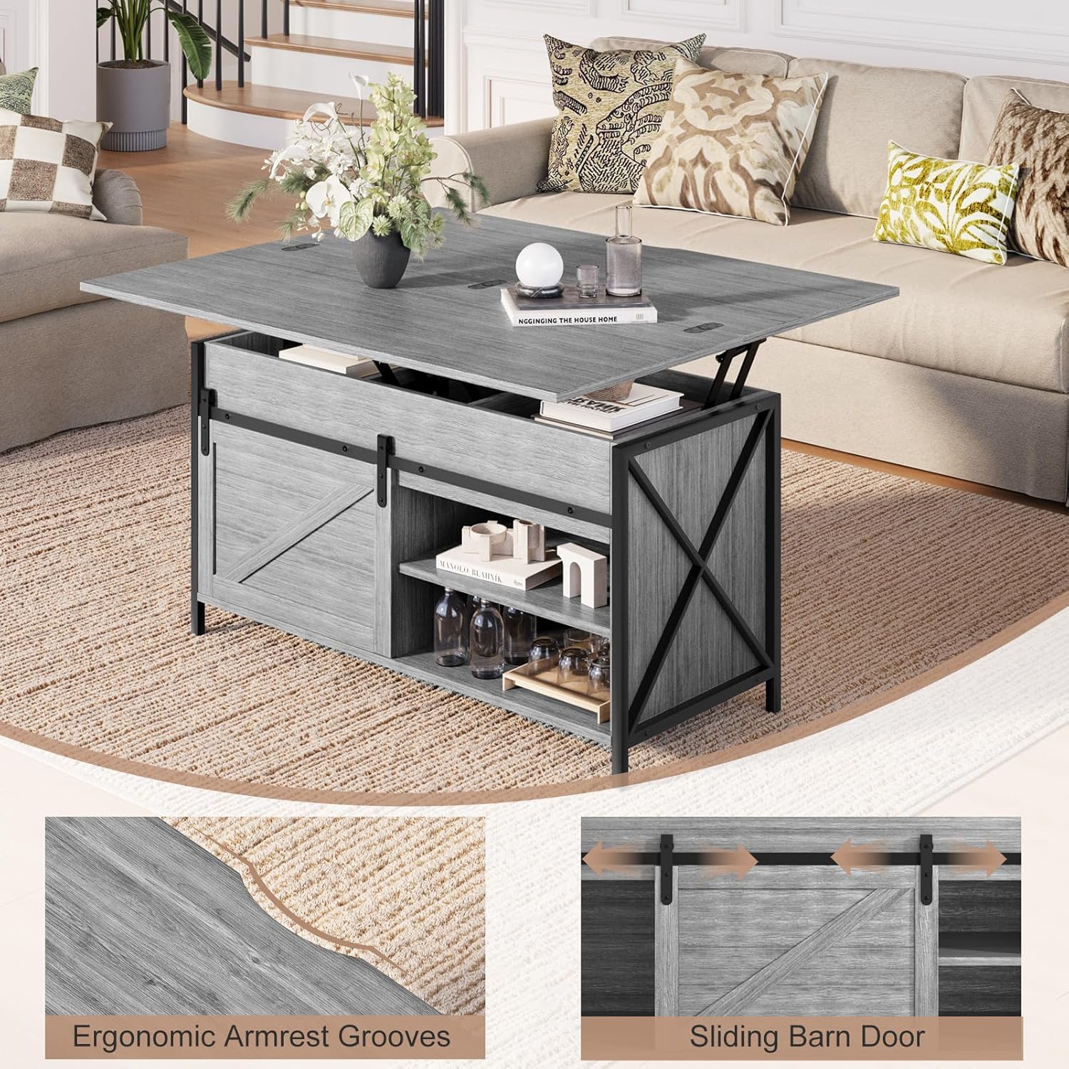 Vividwood Farmhouse Lift Top Coffee Table - 4-in-1 Convertible with Storage (Grey)