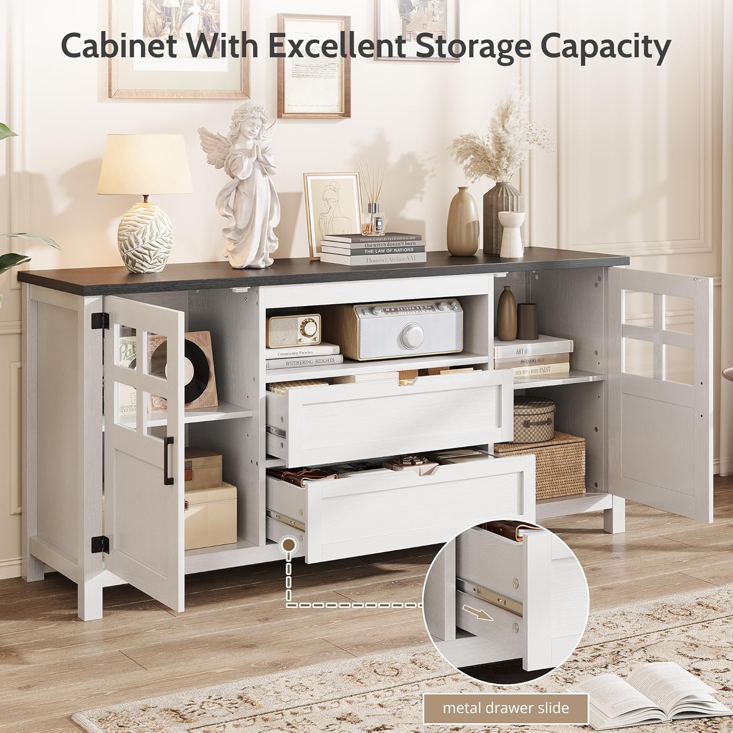 Vividwood Farmhouse TV Stand for 70" TVs - Adjustable Shelves & Barn Doors (White)