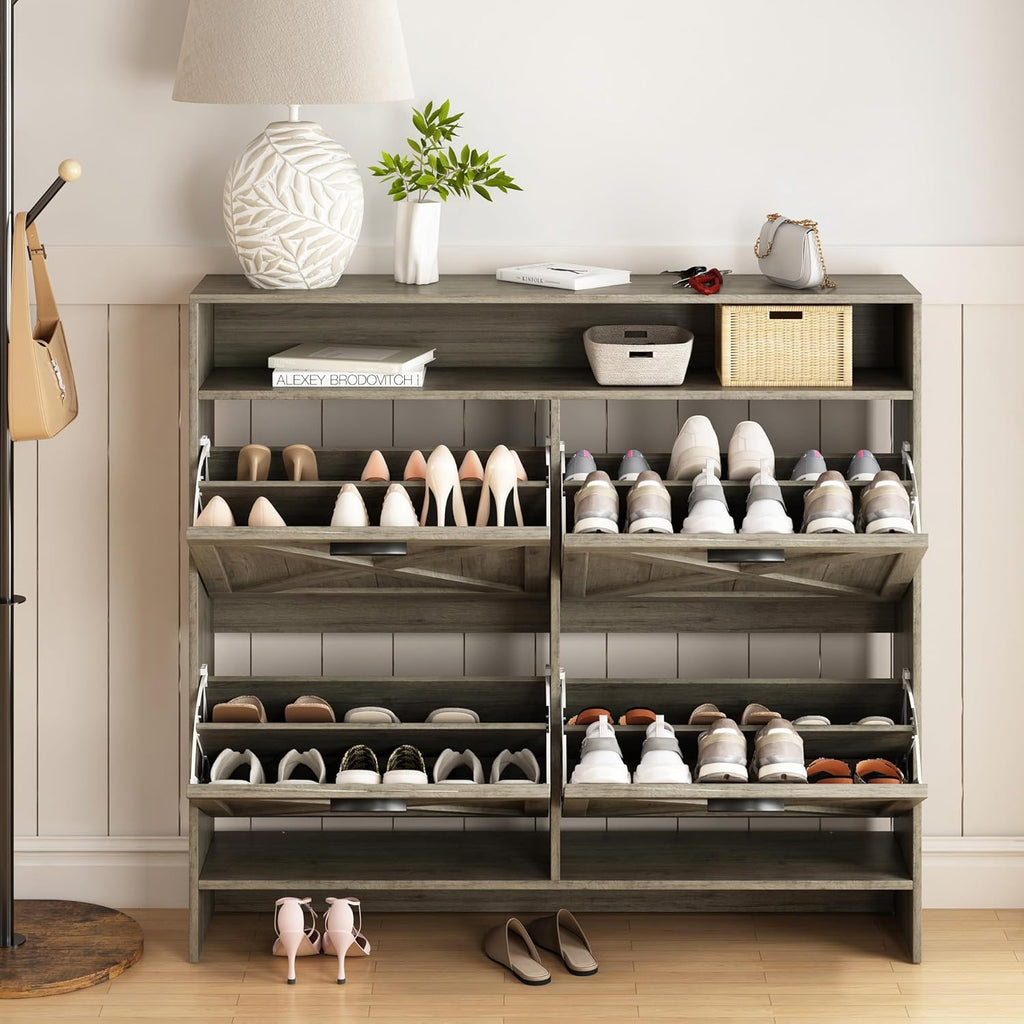 AesthLife Shoe Cabinet with 4 Flip Drawers - Rustic Grey Anti-Tip Design for Entryway & Hallway Storage