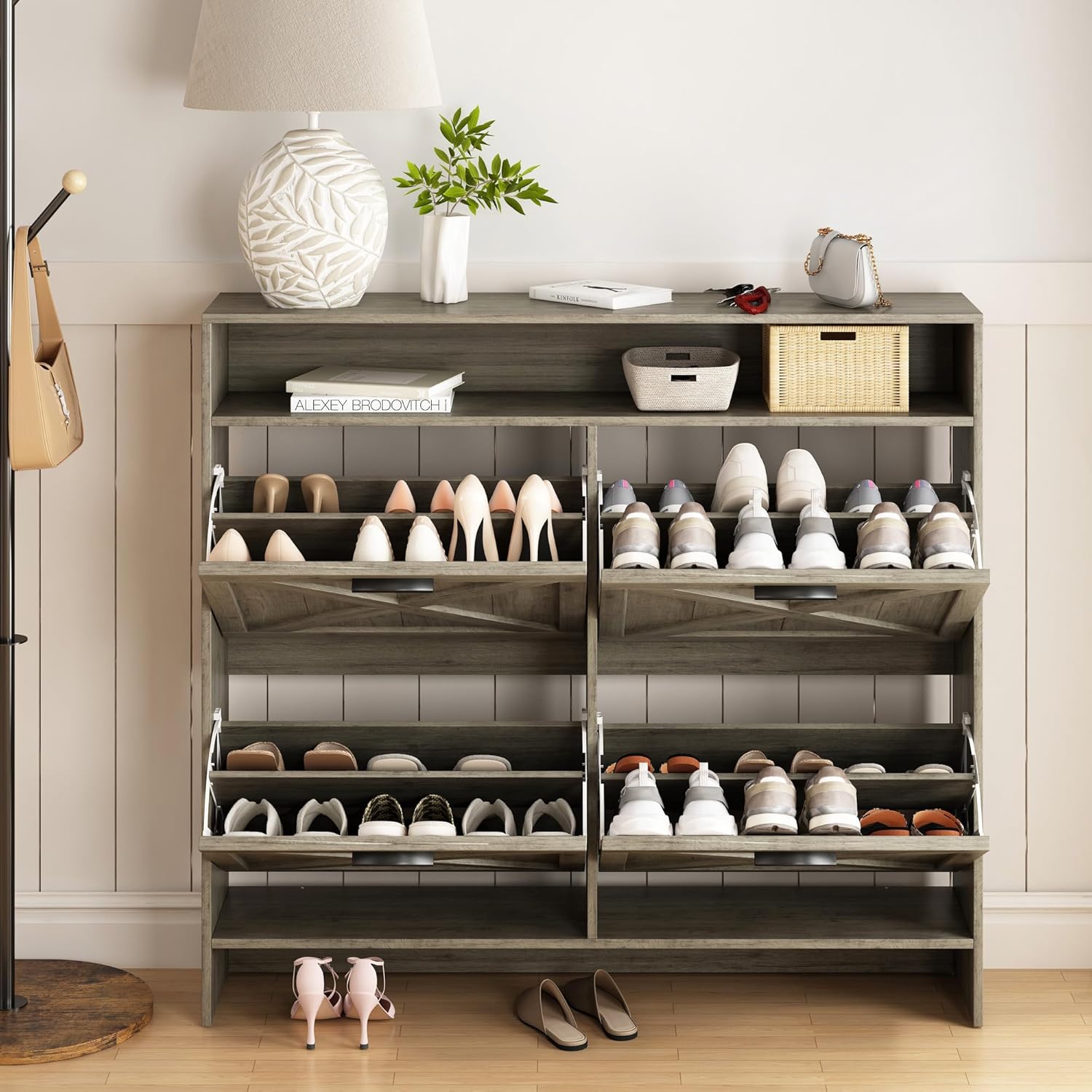 AesthLife Shoe Cabinet with 4 Flip Drawers - Rustic Grey Anti-Tip Design for Entryway & Hallway Storage
