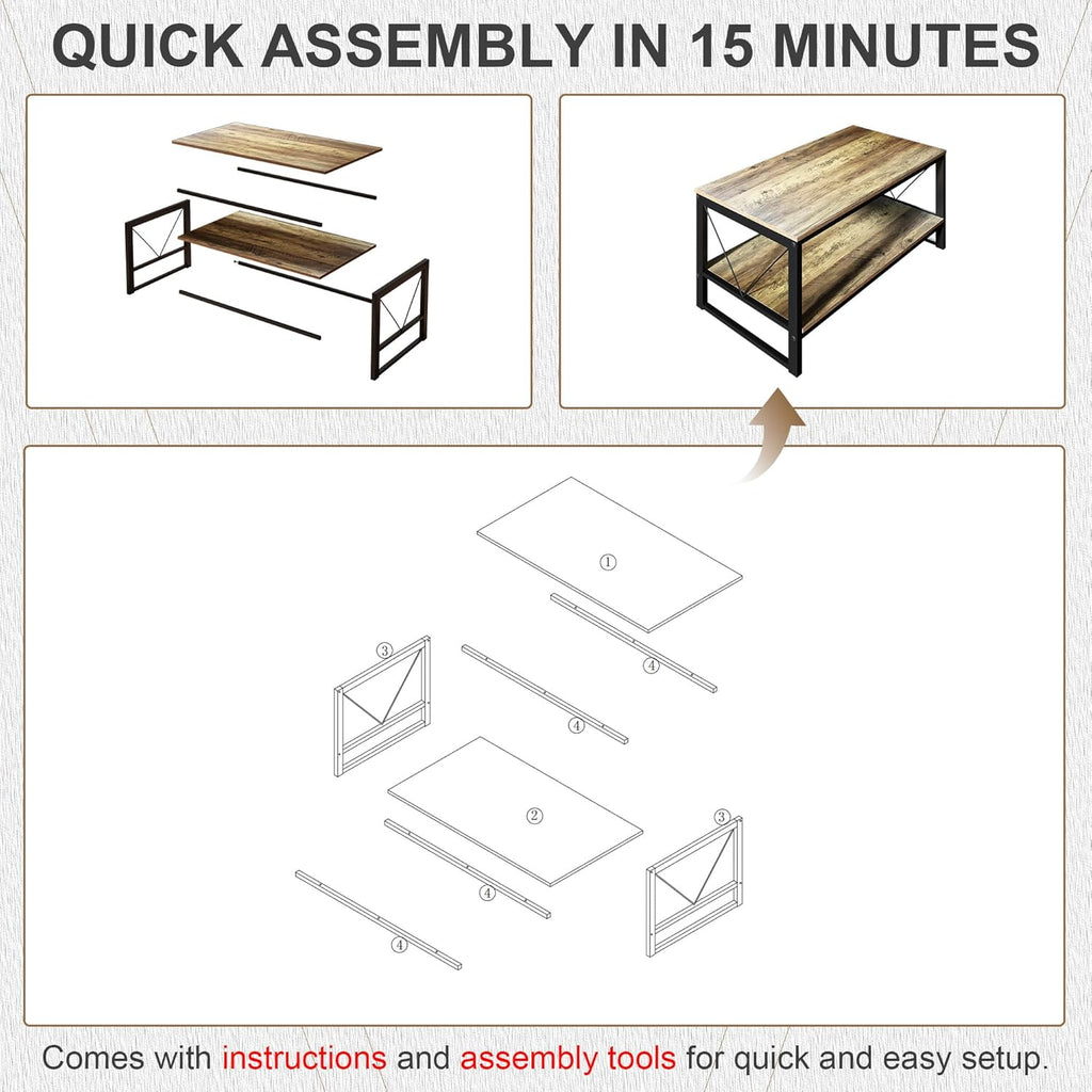 Vividwood Farmhouse Coffee Table with Storage - 39.3" Wooden Rectangle Center Table & V-Shape Legs (220lbs Capacity)