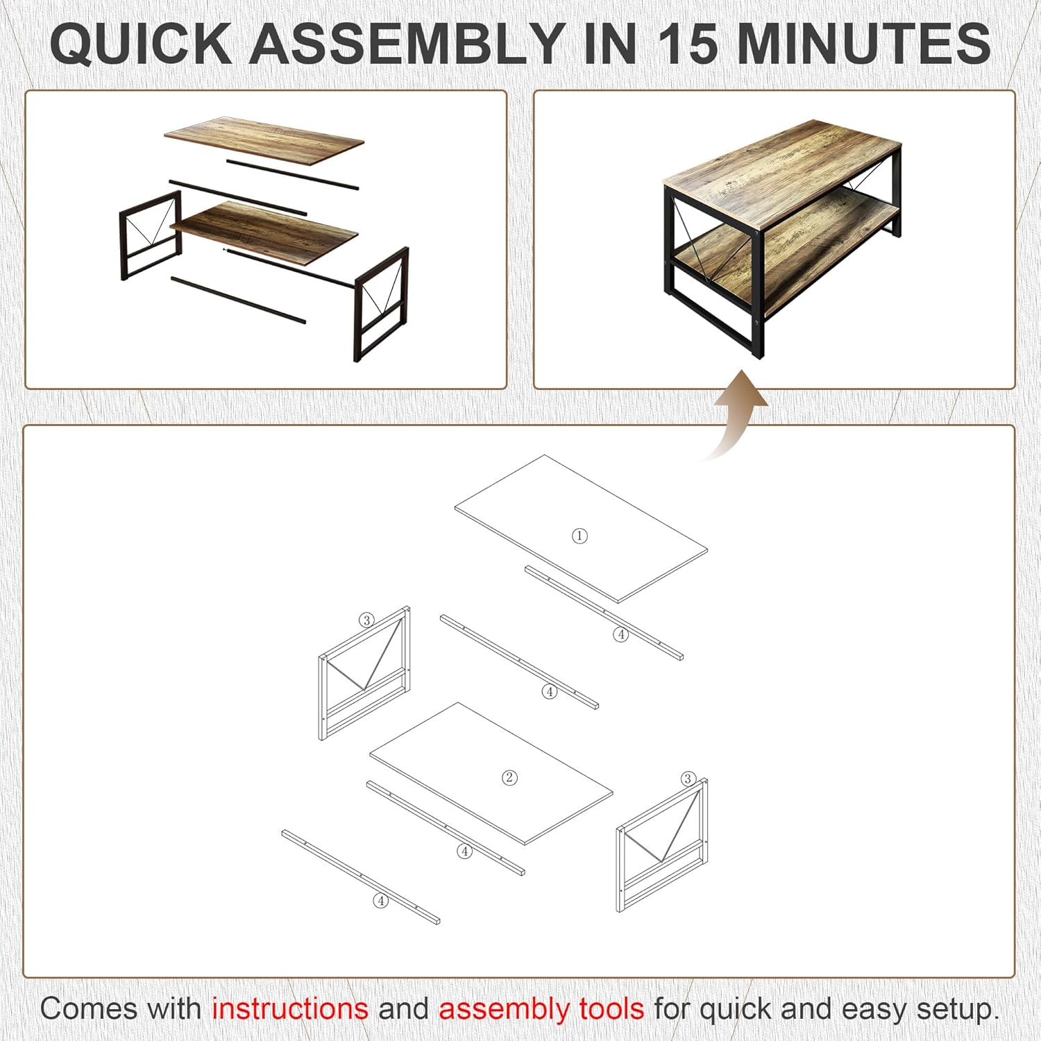 Vividwood Farmhouse Coffee Table with Storage - 39.3" Wooden Rectangle Center Table & V-Shape Legs (220lbs Capacity)