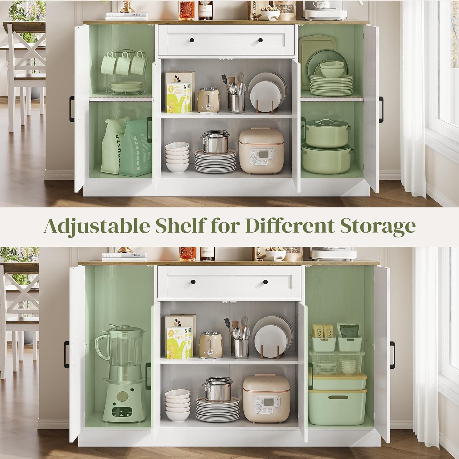 AesthLife Modern Farmhouse Sideboard - Wood Storage Cabinet with Doors & Drawer (White Oak Finish)