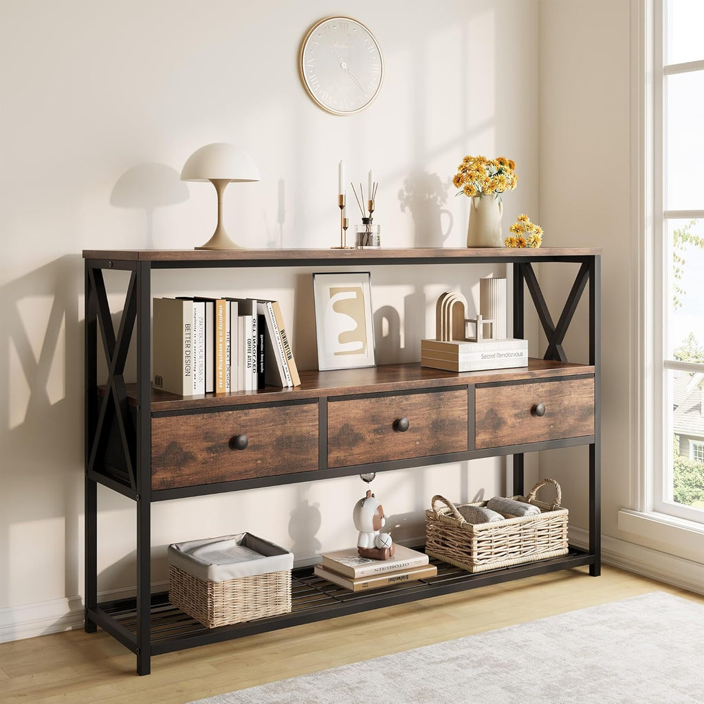 Vividwood 47" Farmhouse Console Table - 3-Drawer & Open Shelf Design (Rustic Brown)