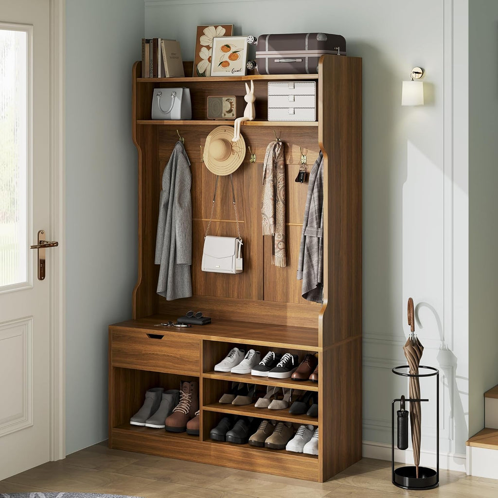 AesthLife Modern Hall Tree - Bench & Shoe Storage Organizer (Classical Brown)