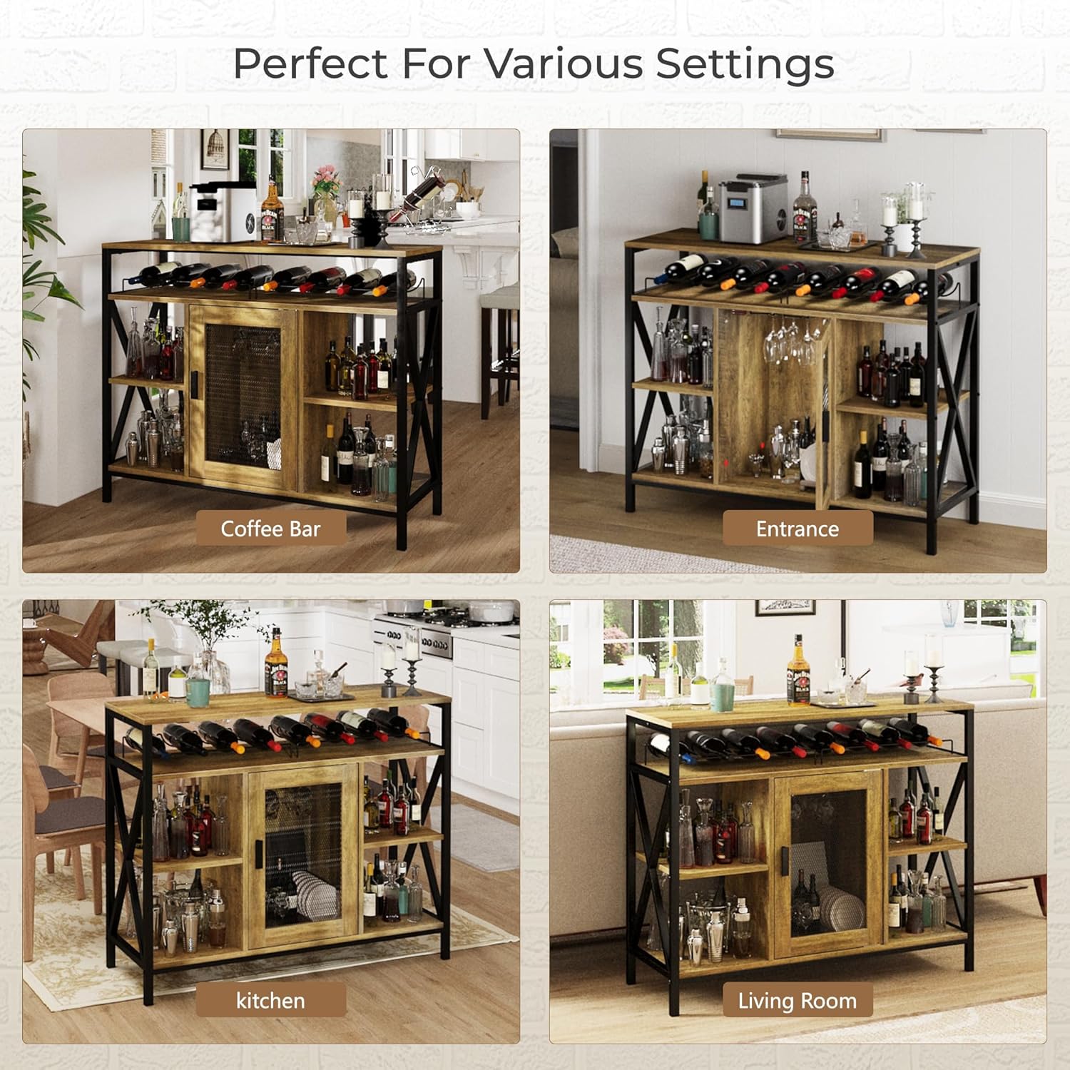 Vividwood Industrial Wine Cabinet‌ - Oak Finish with Wine Rack & Glass Holder