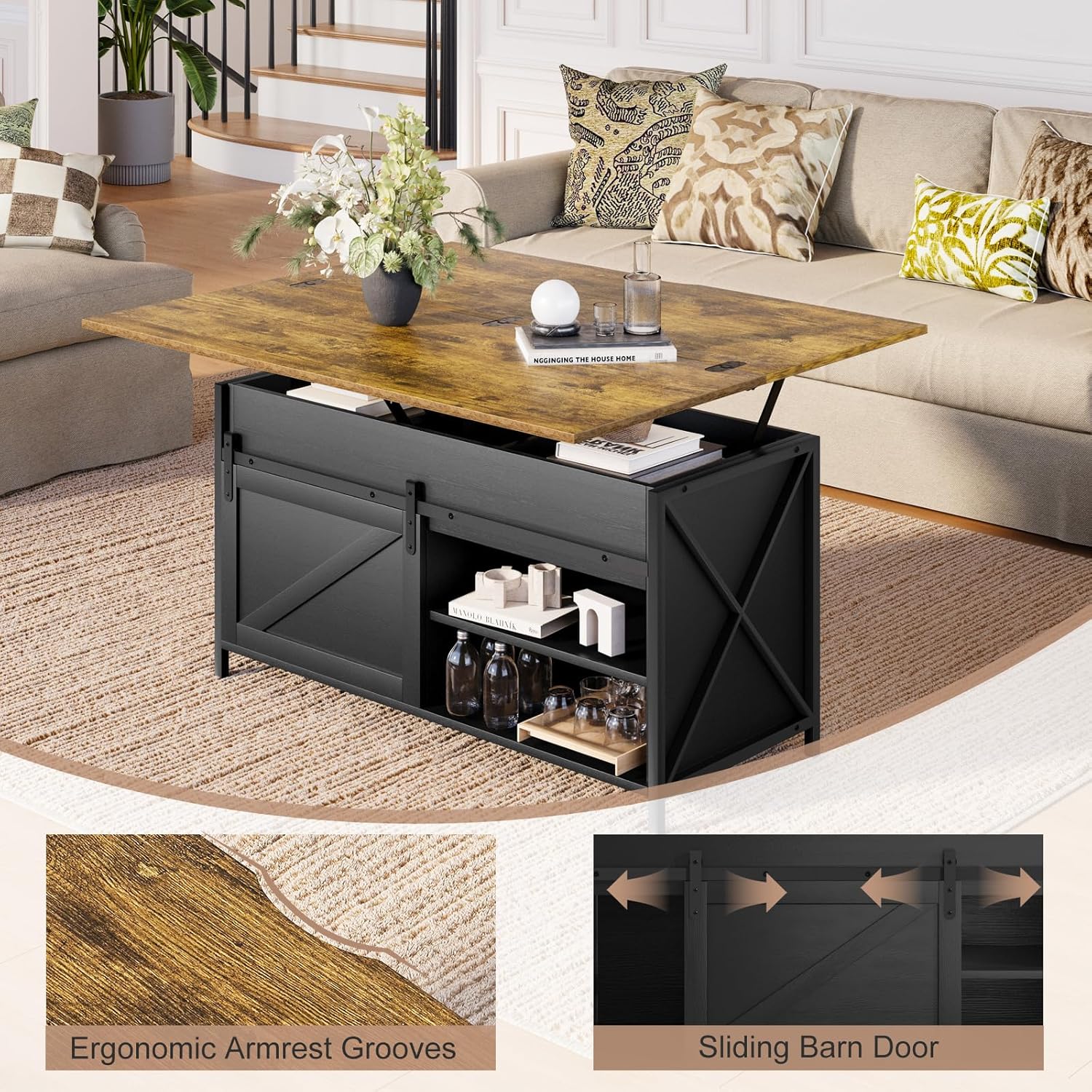 Vividwood Black Lift Top Coffee Table‌ - Multi-Function Center Table w