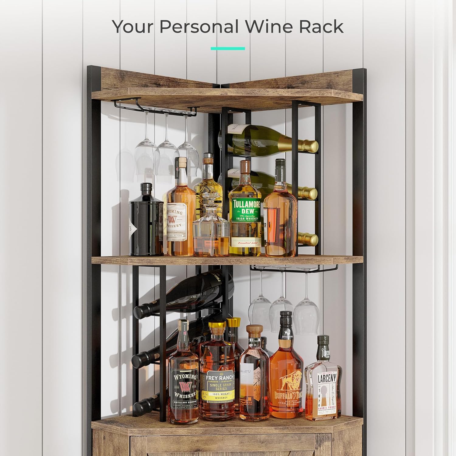Vividwood Corner Wine Cabinet - 5-Tier Farmhouse Liquor Storage with Glass Rack & Barn Door