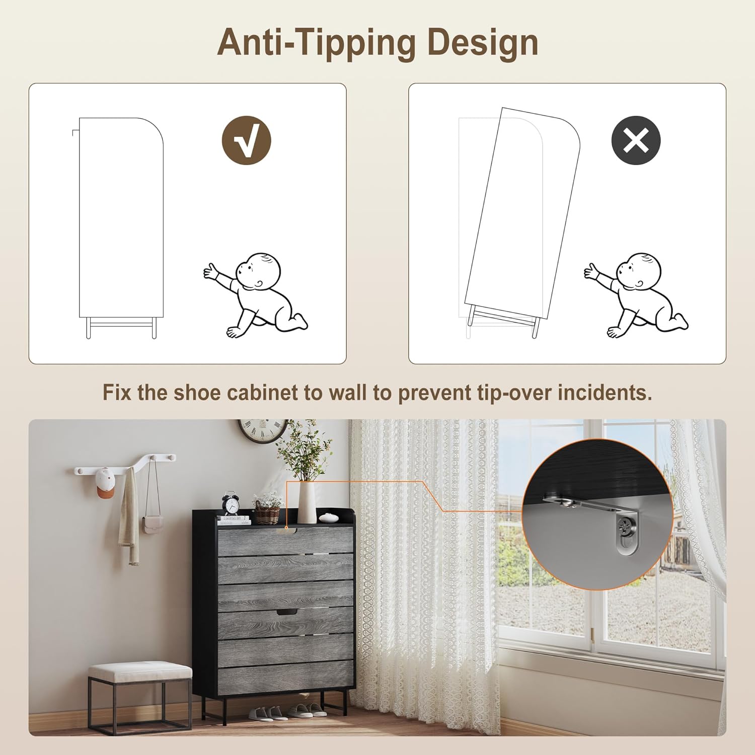 Vividwood 2-Drawer Shoe Cabinet‌ - Narrow Organizer with Adjustable Shelf (Grey)